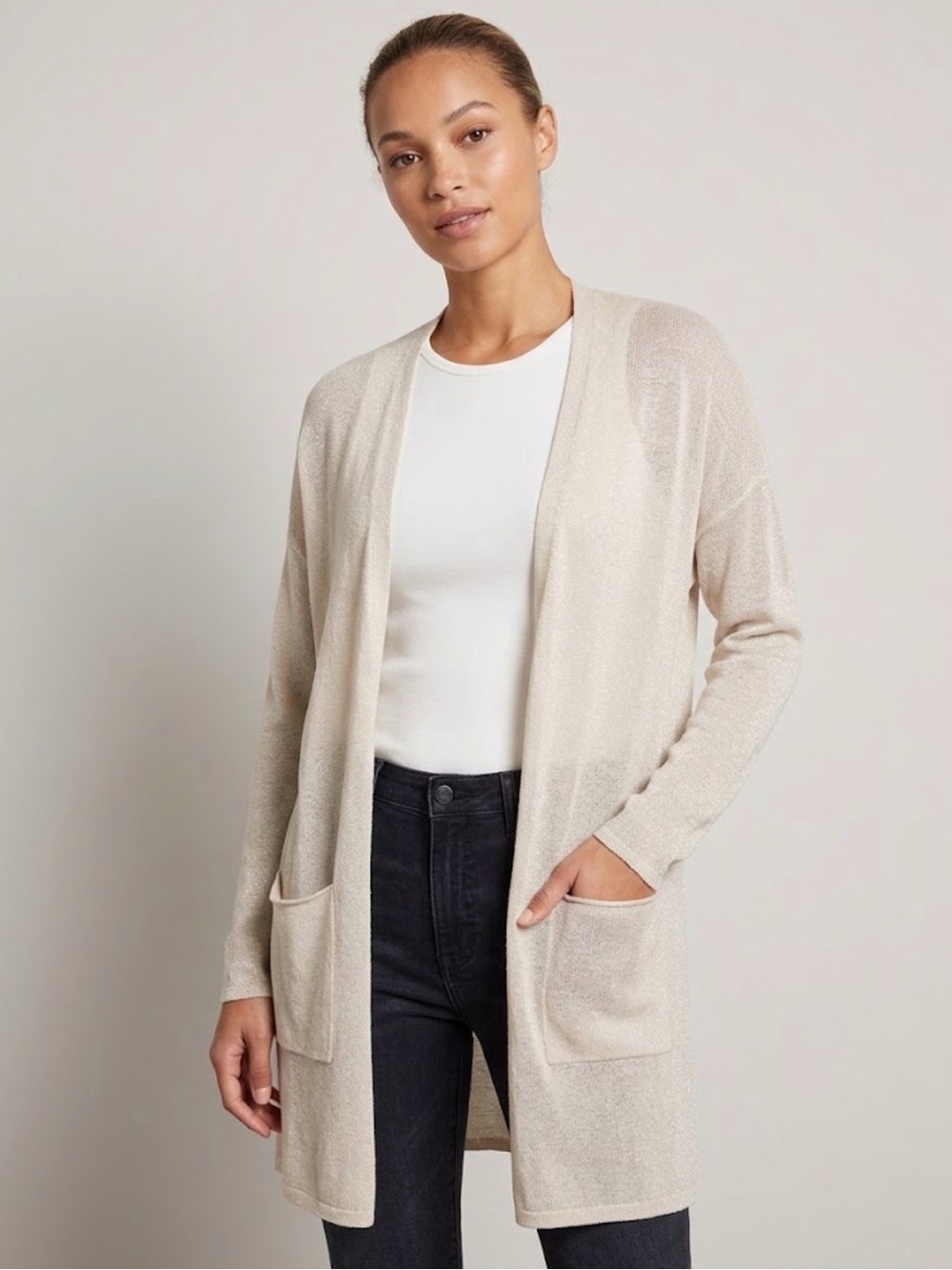 Eileen Fisher Soft Sand Open-Front Long Cardigan